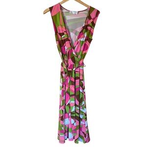 Nikki Poulos Faux Wrap Sleeveless Stretchy Groovy V-neck Dress | M